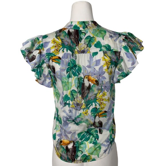 Lavender Brown Blouse Top XS Multicolor Toucan Design Ruffle Cap Sleeve V-Neck - Picture 2 of 12